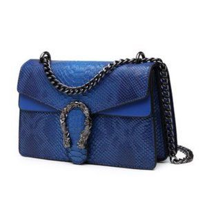 Snake Printed Clutch Purses Leather Chain Shoulder Bags - Blue